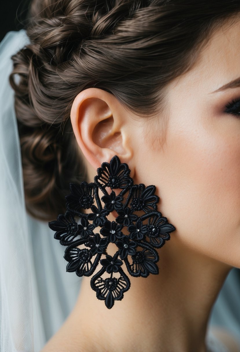 A black bride's earring, featuring intricate floral and lace designs, glimmers under soft lighting