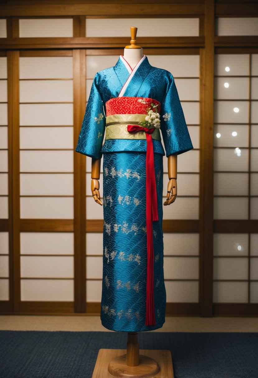 A traditional Japanese wedding dress displayed on a wooden mannequin