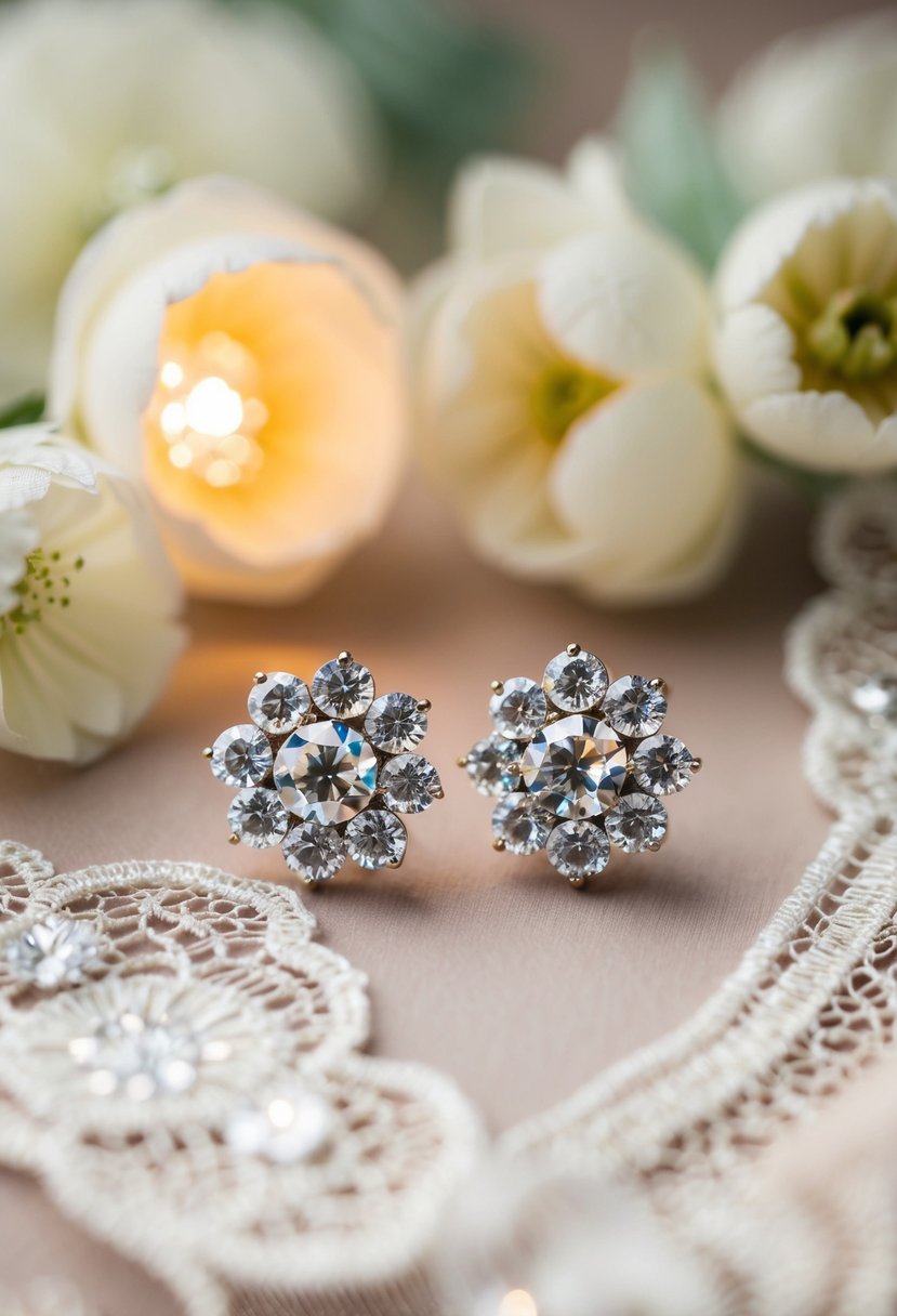 A pair of Swarovski Crystal Clusters huggies wedding earrings sparkling under soft, warm lighting, surrounded by delicate lace and floral accents