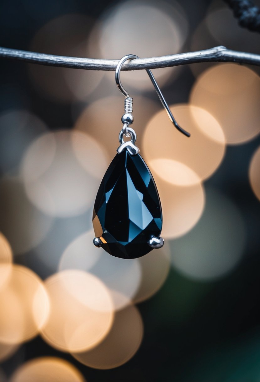 A black teardrop crystal earring hanging from a delicate earring hook, with a dramatic and elegant feel