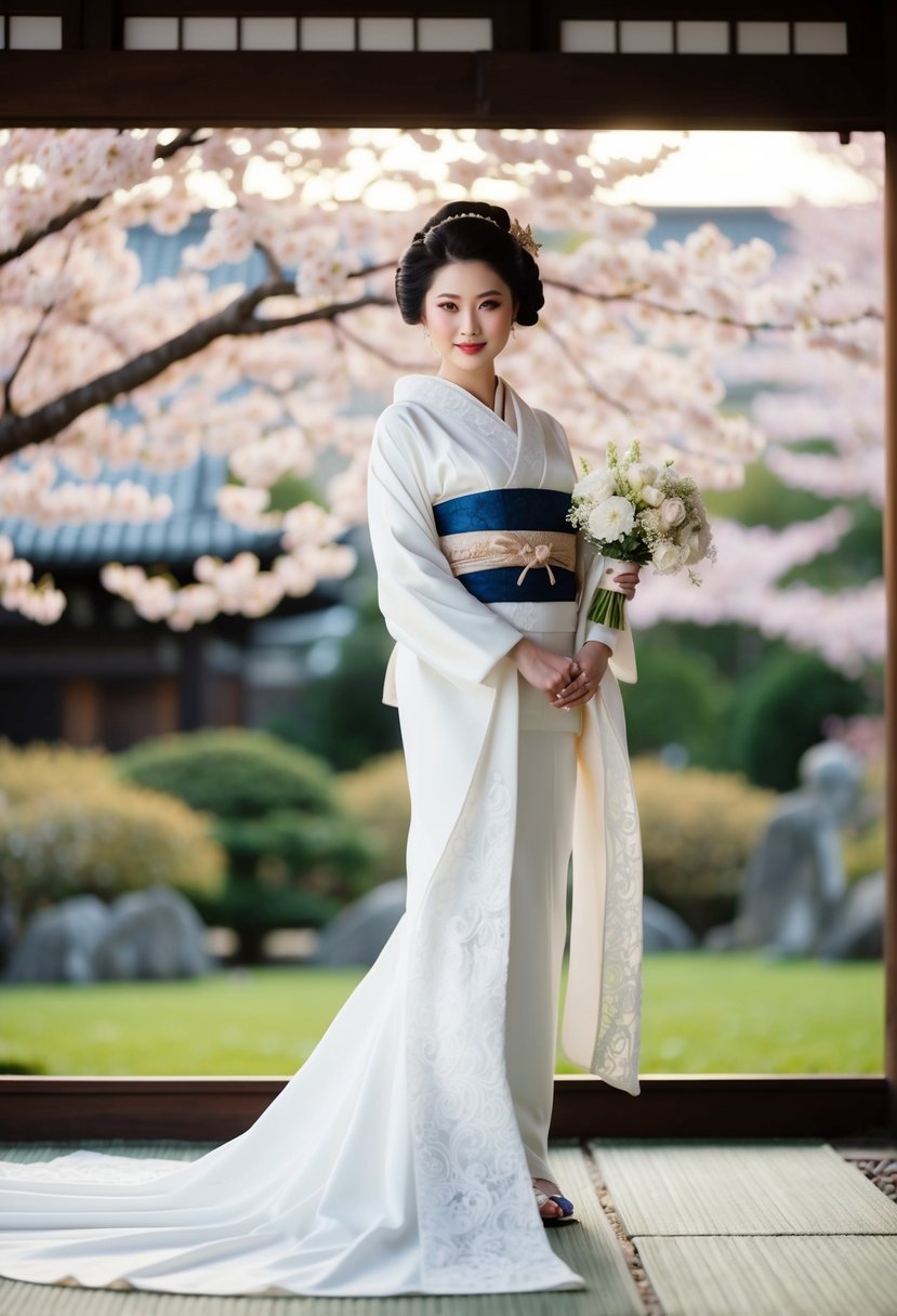 A bride stands in a traditional Japanese garden, wearing a white kimono with intricate Western lace details and a flowing train. Cherry blossoms bloom in the background