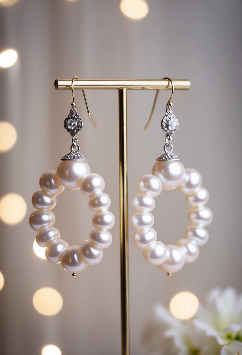 A pair of baroque pearl huggie earrings hanging from a delicate stand, surrounded by soft, romantic lighting