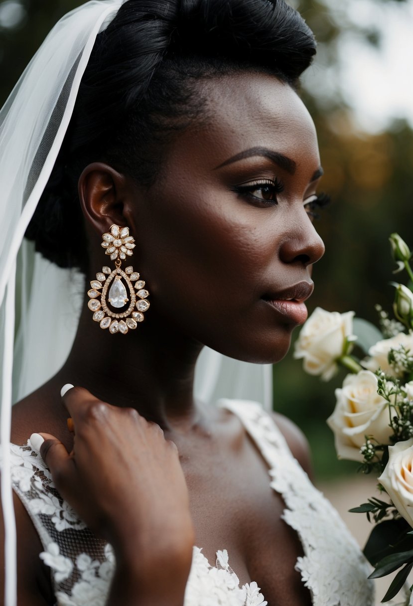 A black bride wearing unique statement earrings by Kate Spade, with elegant details and bold design, adding a touch of sophistication to her wedding ensemble