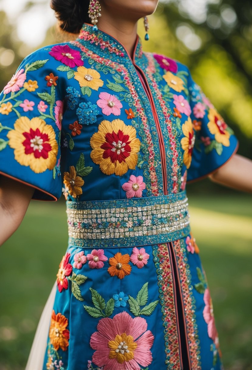 A vibrant Uchikake wedding dress with intricate floral patterns, adorned with colorful embroidery and shimmering accents