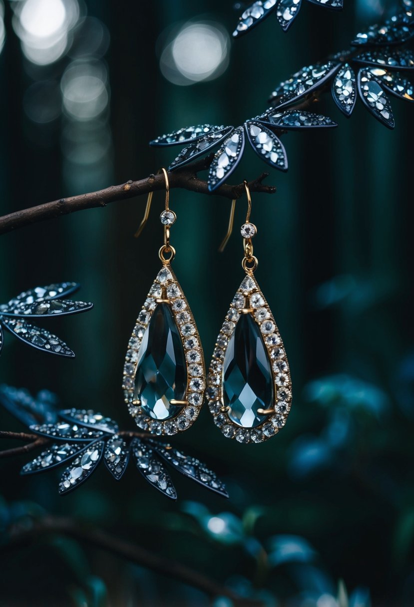 A dark, enchanted forest with shimmering crystal leaves and teardrop-shaped hollows, setting the stage for black bridal earring inspiration