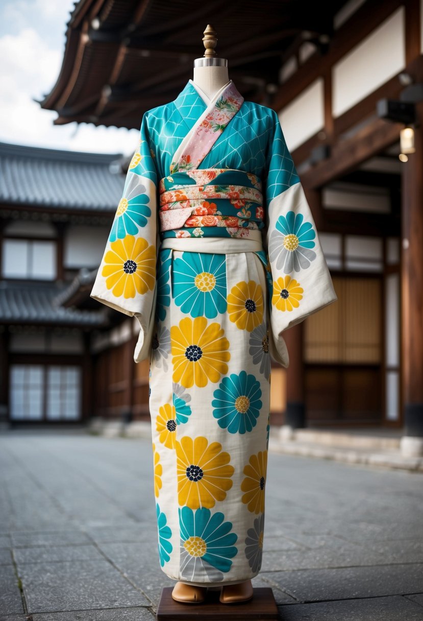 A vintage kimono adorned with modern floral patterns, set against a backdrop of traditional Japanese architecture