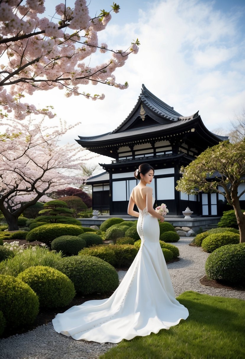 A serene garden setting with cherry blossom trees and a traditional Japanese tea house, showcasing Yumi Katsura's elegant wedding dress designs