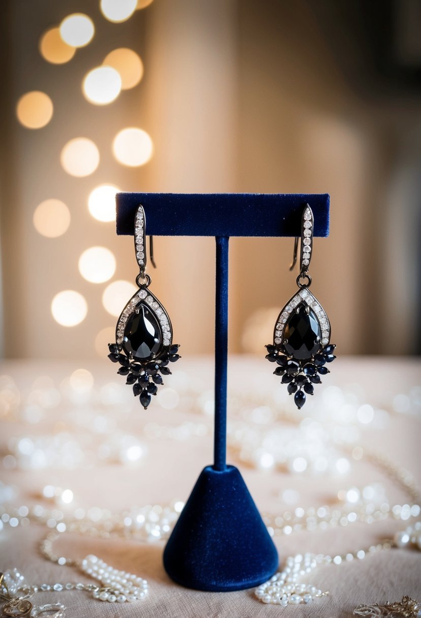 A pair of elegant black bridal earrings displayed on a velvet jewelry stand, with delicate details and shimmering gemstones