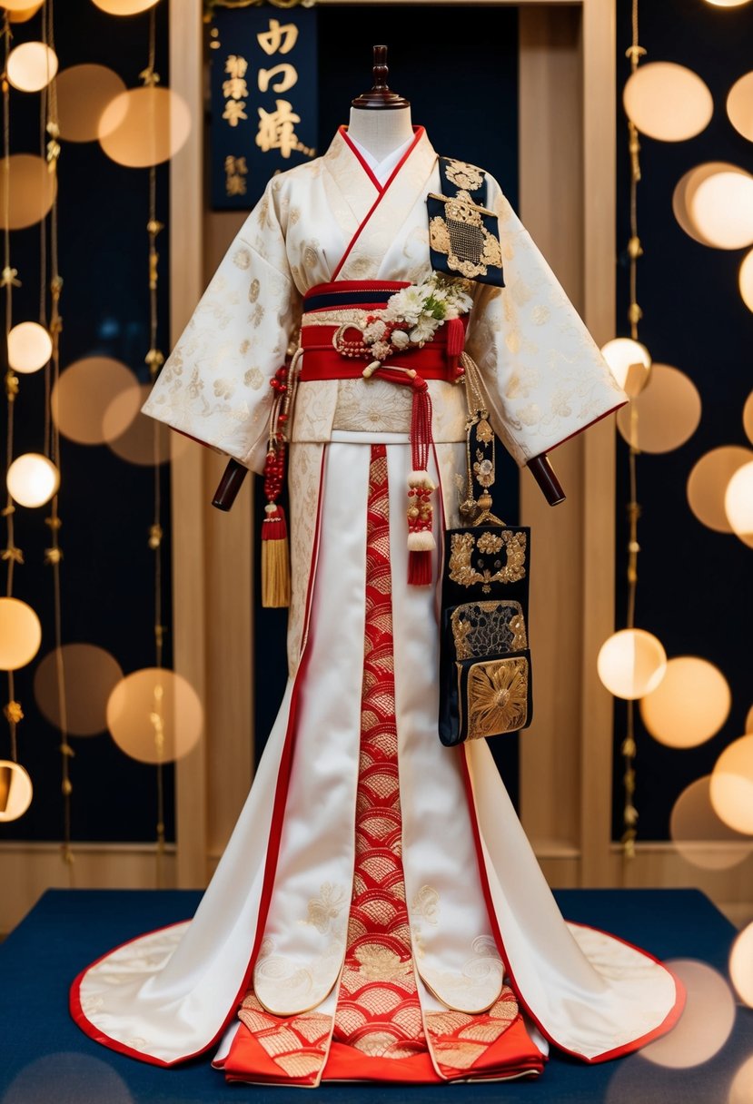 A traditional Japanese wedding dress displayed with custom accessories and intricate details