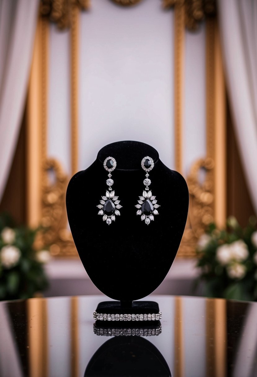 A black diamond and crystal earring set displayed on a velvet cushion, with a regal and elegant backdrop for a black bride's wedding