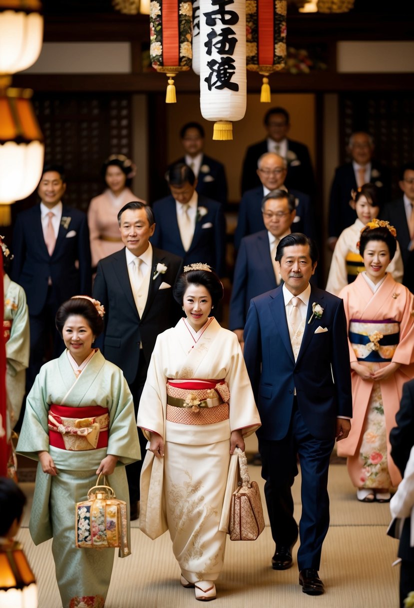 Guests in formal attire at a traditional Japanese wedding, with elegant kimono and intricate obi sashes, surrounded by ornate decorations and traditional elements