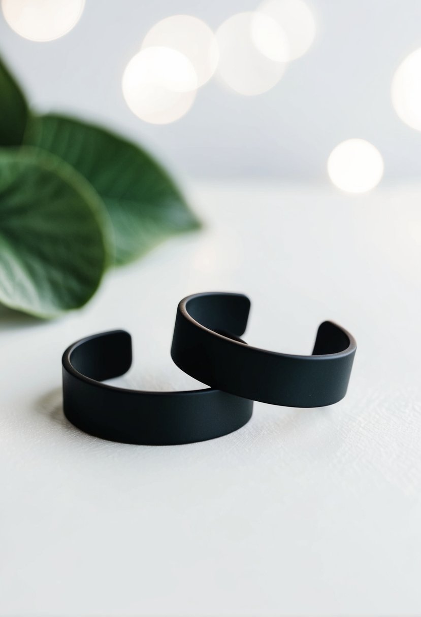 A close-up of black matte cuff earrings against a white background, with elegant and simple design details