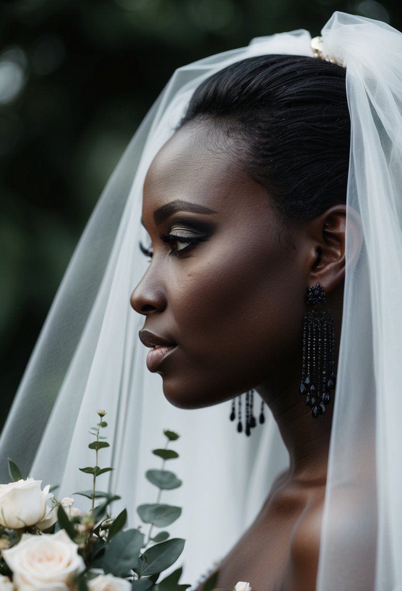 A black bride's profile, wearing dark cascade earrings, with a backdrop of a wedding veil and flowers