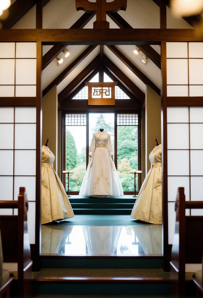 A serene chapel with traditional Japanese wedding gowns on display