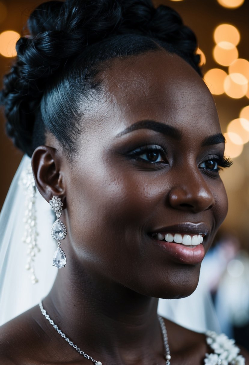 A black bride wearing drop earrings on her wedding day