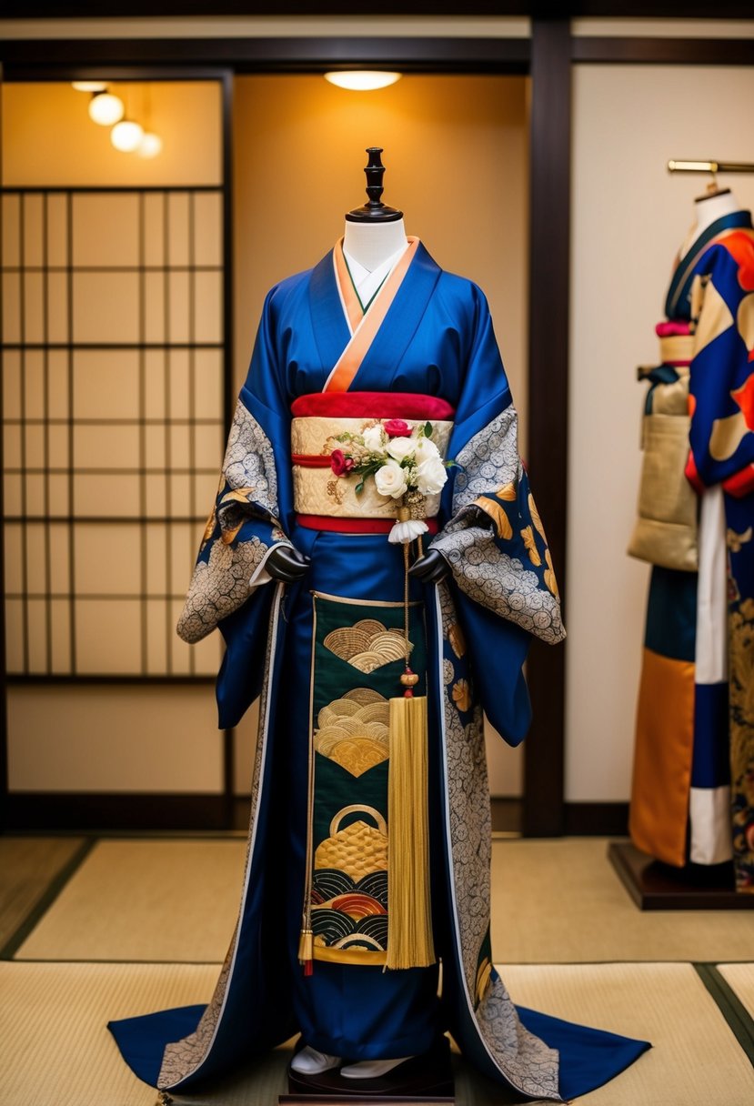 A traditional Japanese wedding kimono draped over a mannequin, adorned with layers of cultural overcoats and accessories