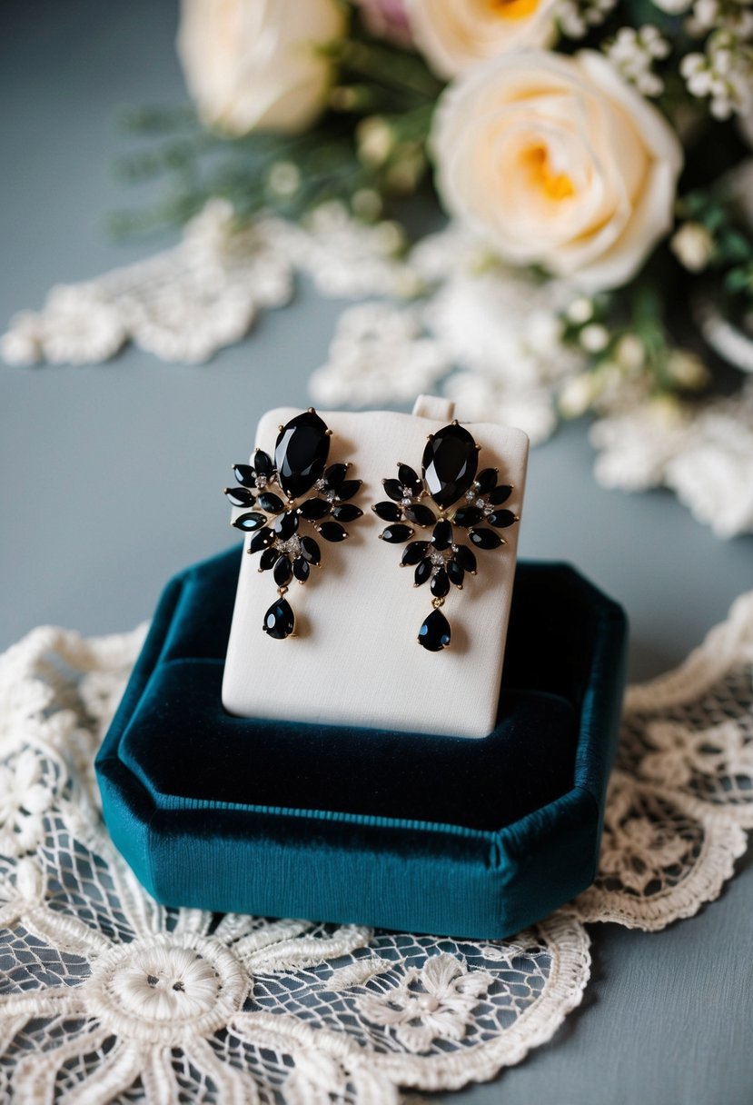 A pair of elegant black bridal earrings displayed on a velvet cushion, surrounded by delicate lace and floral accents