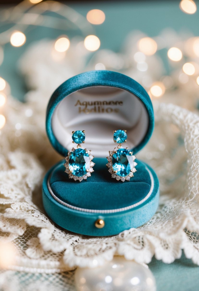 A pair of aquamarine wedding earrings displayed on a velvet cushion, surrounded by delicate lace and shimmering with light