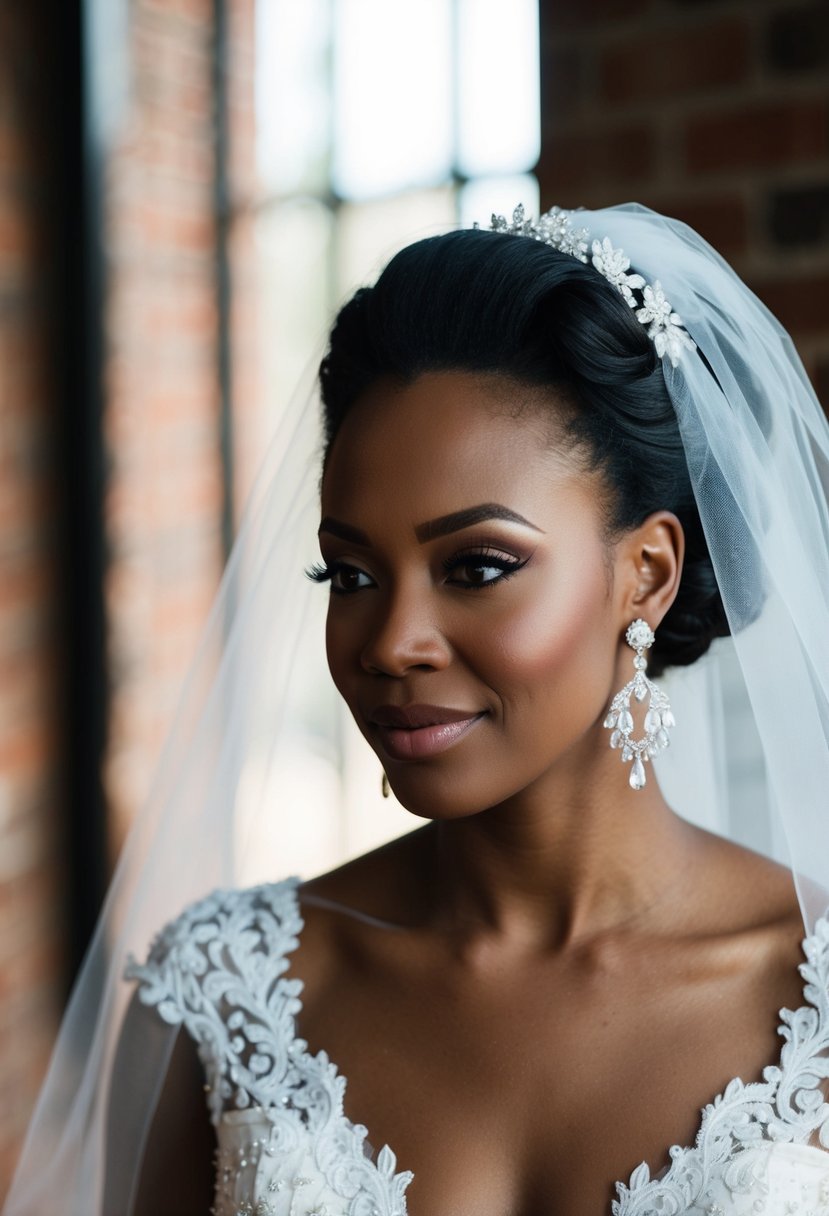 An African American bride with elegant wedding earrings, showcasing her bridal style