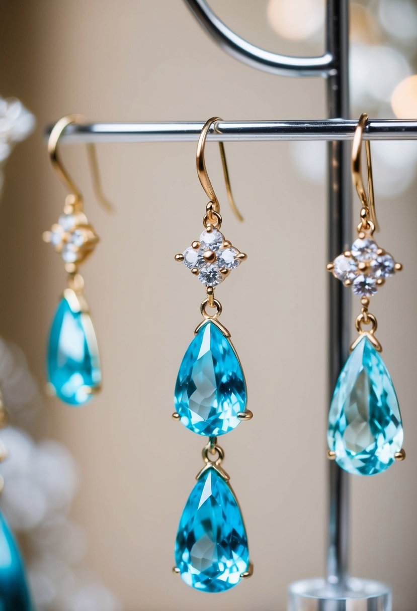 A vintage-inspired aquamarine drop earring hanging from a delicate display, surrounded by other elegant jewelry pieces