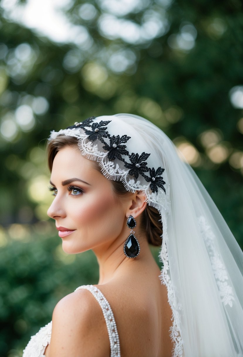 A white bridal veil adorned with black lace and beading, paired with elegant black drop earrings