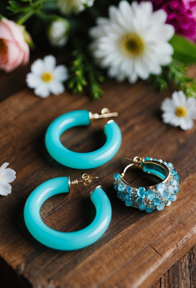 A boho chic scene with aquamarine hoops and wedding earrings on a rustic wooden table with floral accents