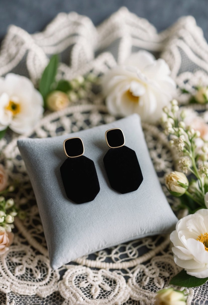 A pair of elegant black earrings displayed on a velvet cushion, surrounded by delicate lace and floral accents