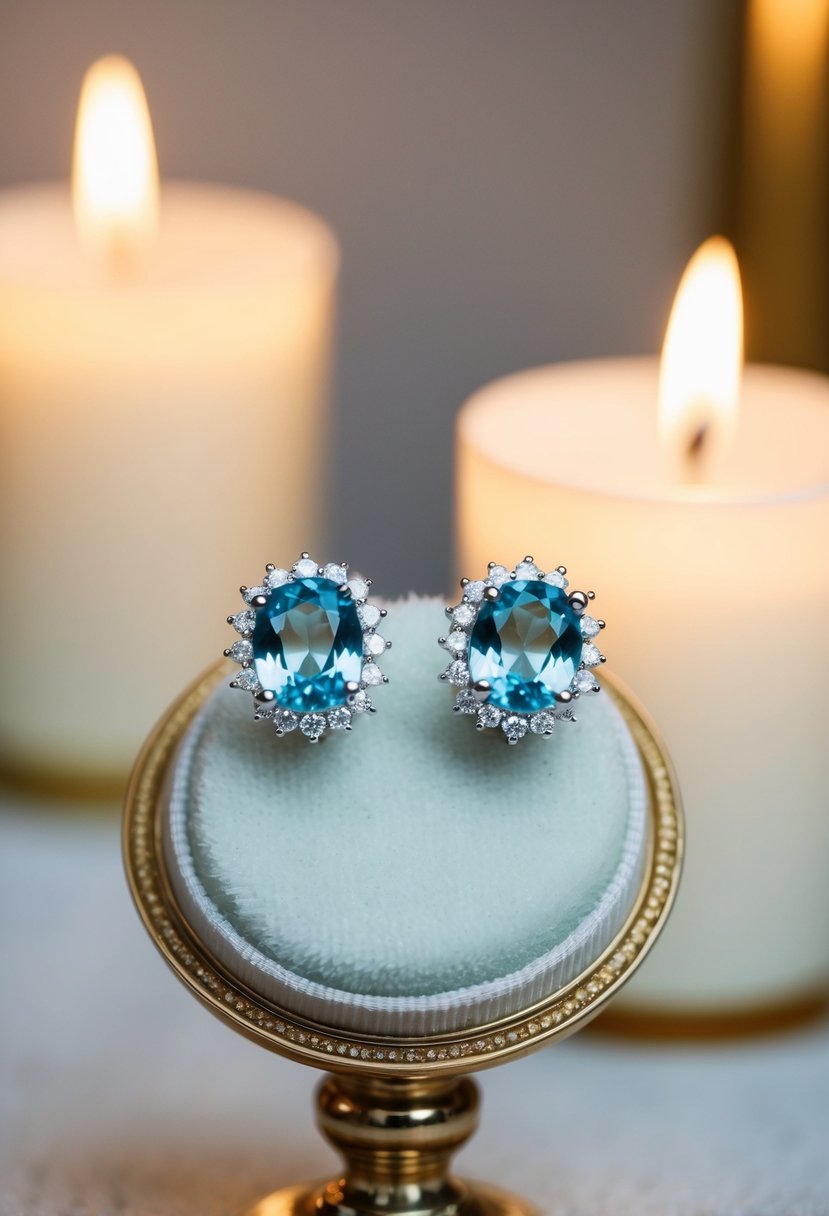 Aquamarine studs with diamond accents on a velvet display, surrounded by soft candlelight