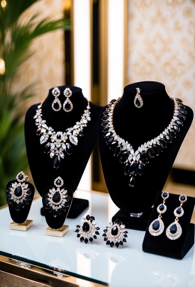 A display of opulent black bridal jewelry, featuring elegant earrings and other accessories, set against a luxurious backdrop