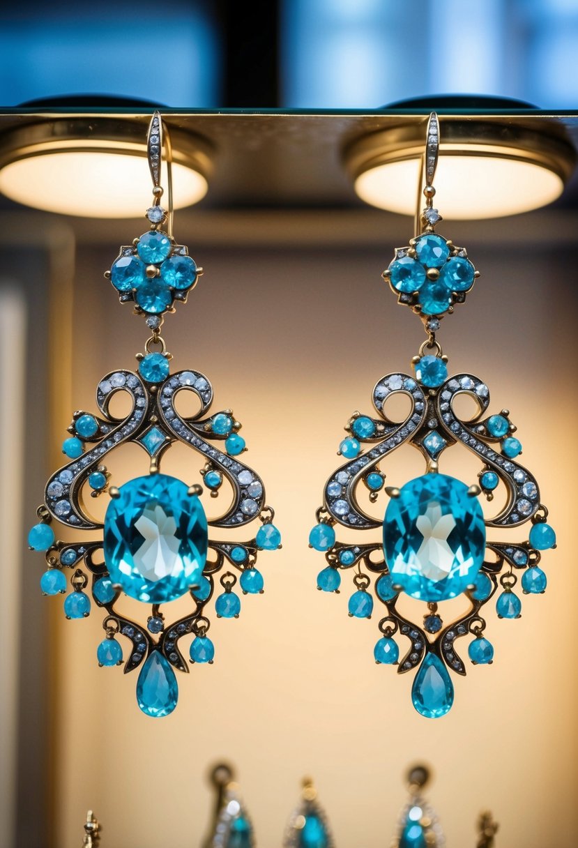 Two ornate Art Deco aquamarine chandelier earrings hanging from a display, with a soft light illuminating their intricate design