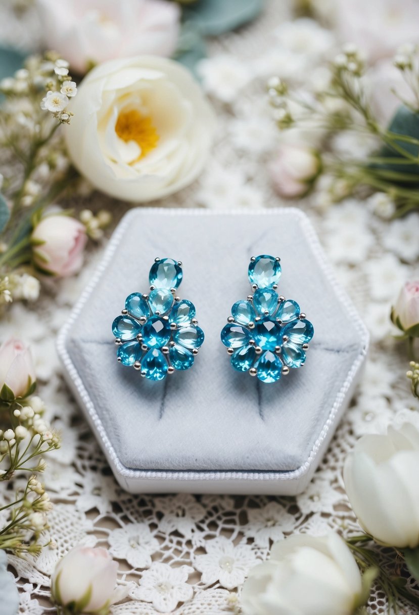 A pair of aquamarine cluster earrings displayed on a white lace background, surrounded by delicate floral and wedding-themed elements