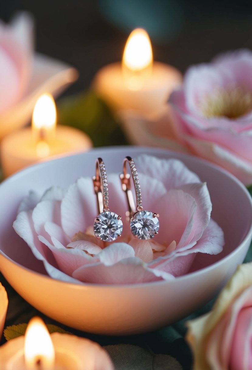 A pair of delicate, sparkling earrings rest on a bed of rose petals, surrounded by flickering candlelight and soft, pastel-hued flowers