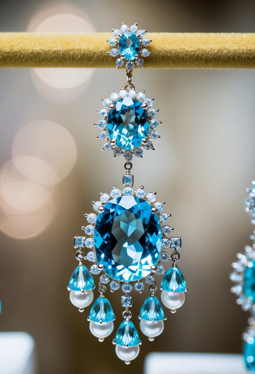 A sparkling aquamarine and pearl chandelier earring dangling from a velvet display