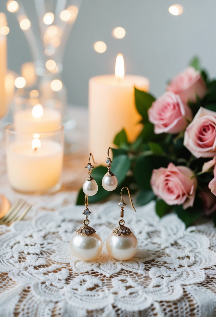 A delicate lace tablecloth adorned with vintage pearl drop earrings, surrounded by soft candlelight and a bouquet of roses