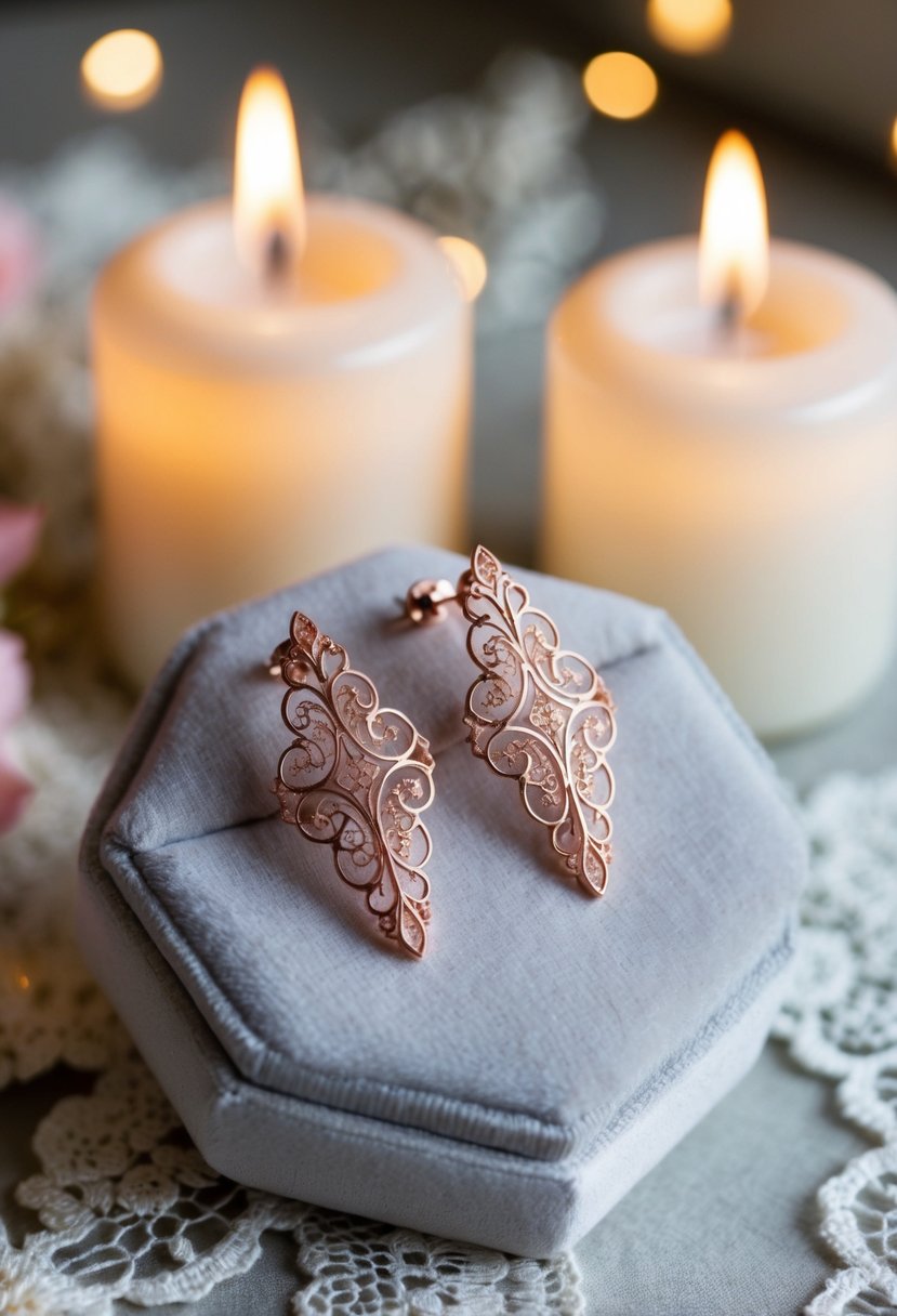 A delicate pair of rose gold filigree earrings displayed on a soft velvet cushion, surrounded by soft candlelight and delicate lace