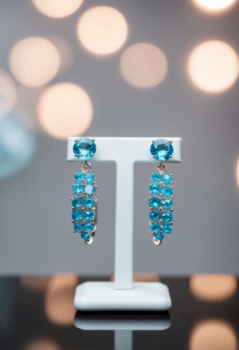 Aquamarine ear climbers displayed on a sleek, modern white jewelry stand