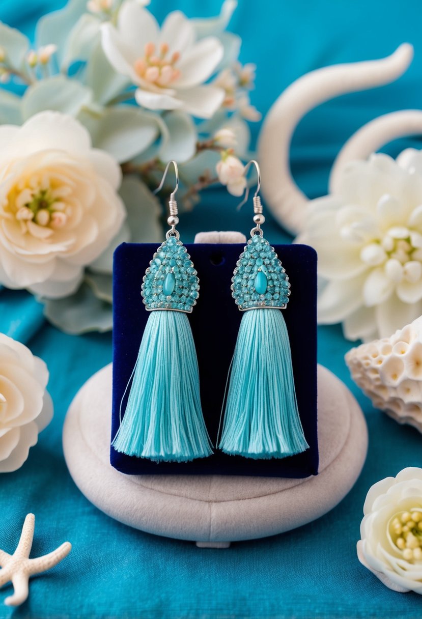 A pair of handcrafted aquamarine tassel earrings displayed on a velvet cushion, surrounded by delicate floral and ocean-themed elements