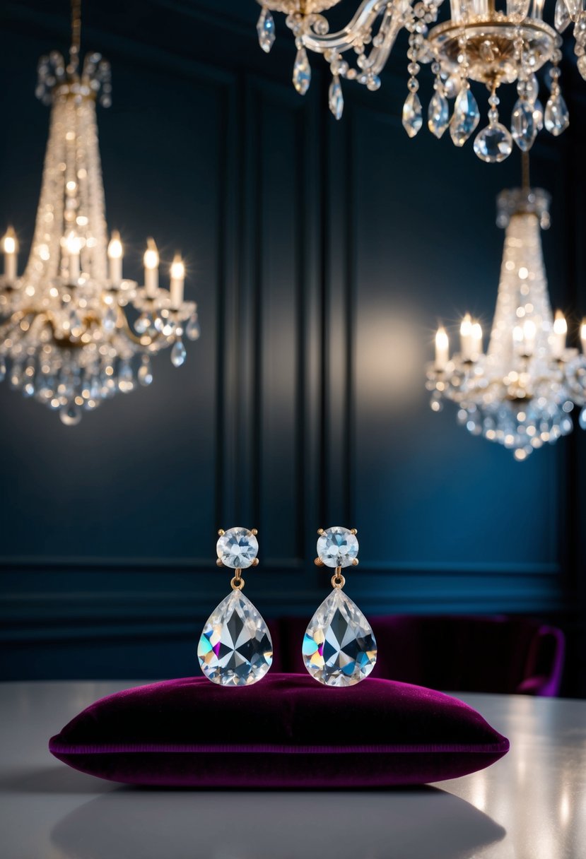 A dimly lit room with elegant chandeliers casting shimmering reflections on the walls. Sparkling crystal teardrop earrings rest on a velvet cushion, evoking a sense of romance and sophistication