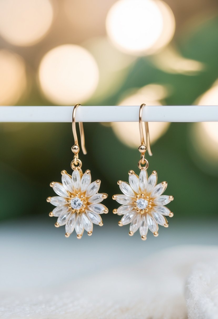 A pair of elegant, dangling earrings with a floral design, perfect for a bride with short hair