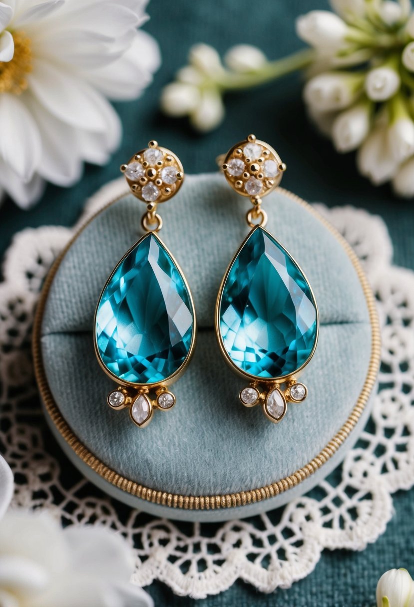 Two aquamarine and gold teardrop earrings displayed on a velvet cushion, surrounded by delicate lace and floral accents