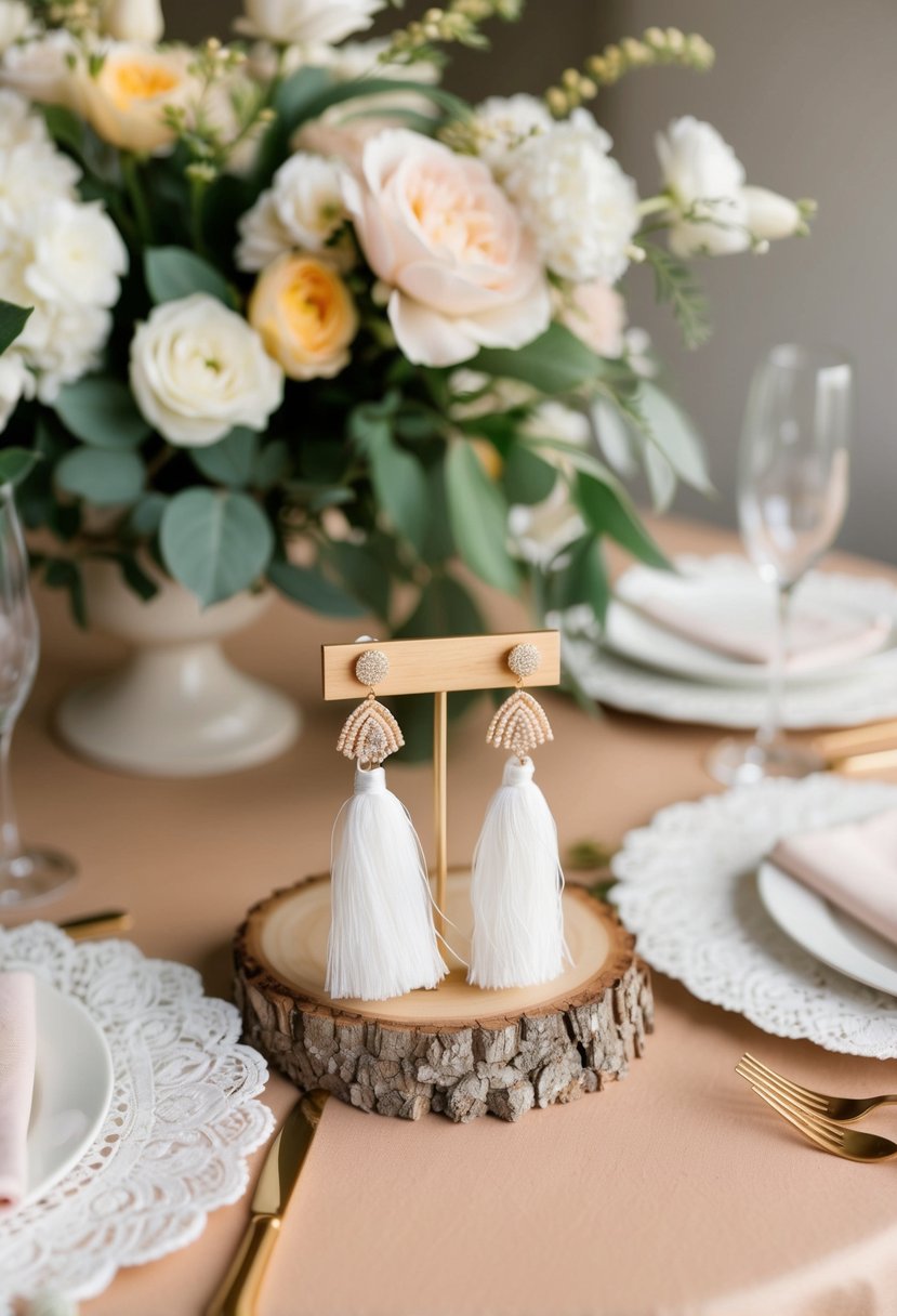 A table adorned with bohemian tassel earrings, surrounded by soft, romantic wedding décor and flowers