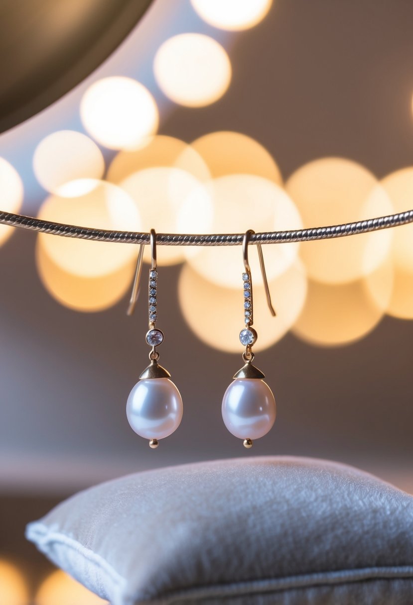 A pair of pearl drop earrings suspended from a delicate chain, resting on a velvet cushion, with soft lighting casting a warm glow