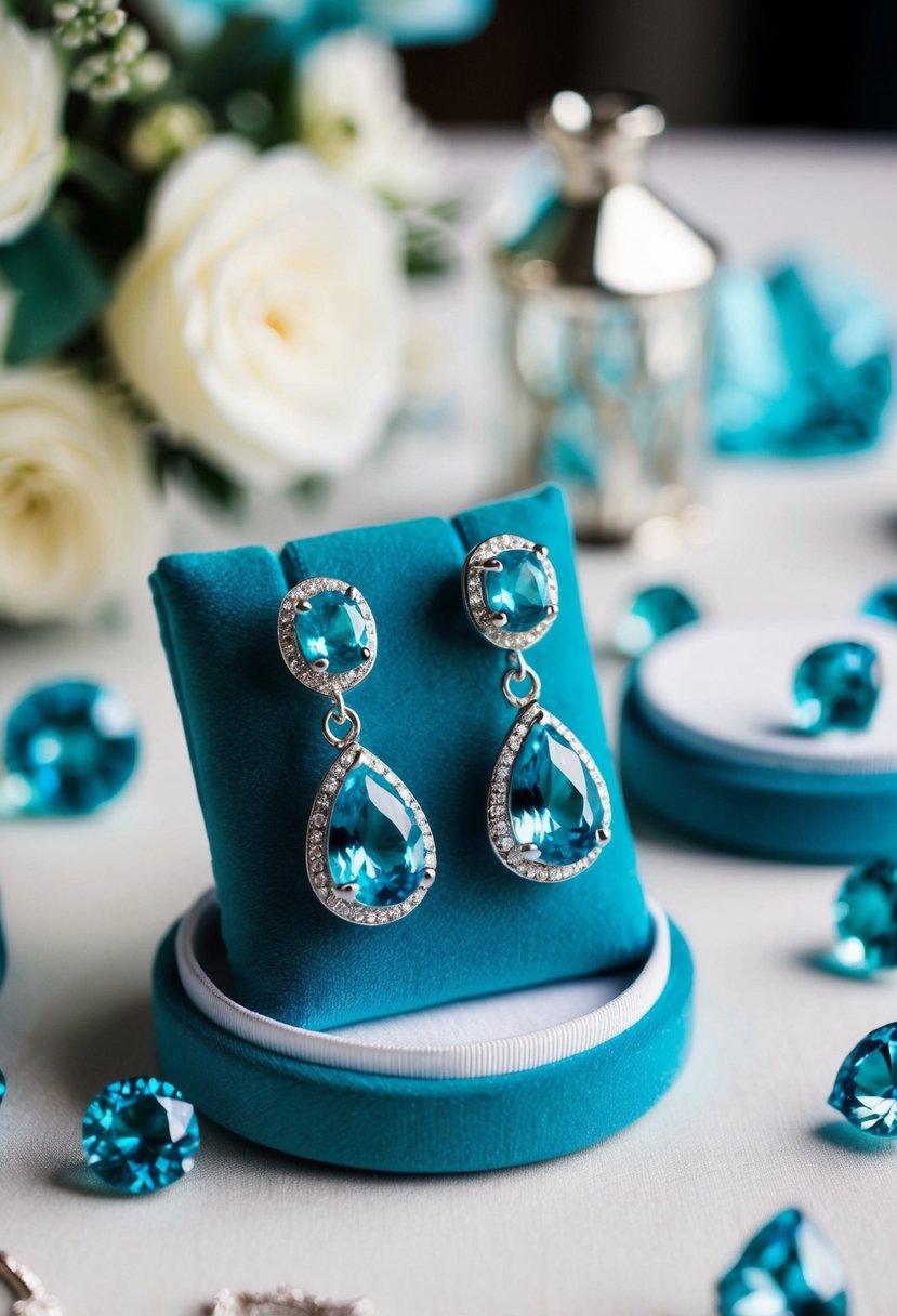 Two silver aquamarine dangle earrings displayed on a velvet cushion, surrounded by delicate aquamarine gemstones and wedding decor