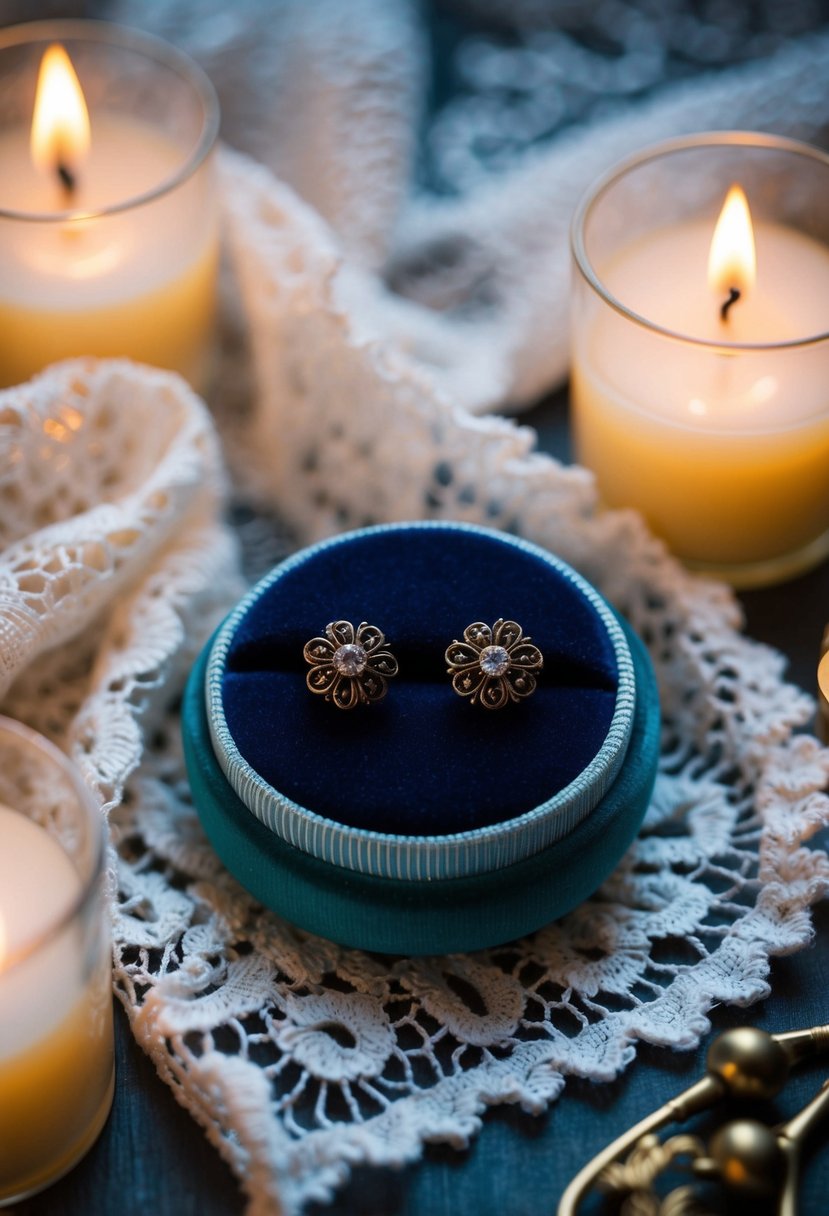 A pair of antique-inspired stud earrings nestled on a velvet cushion, surrounded by soft candlelight and delicate lace fabric