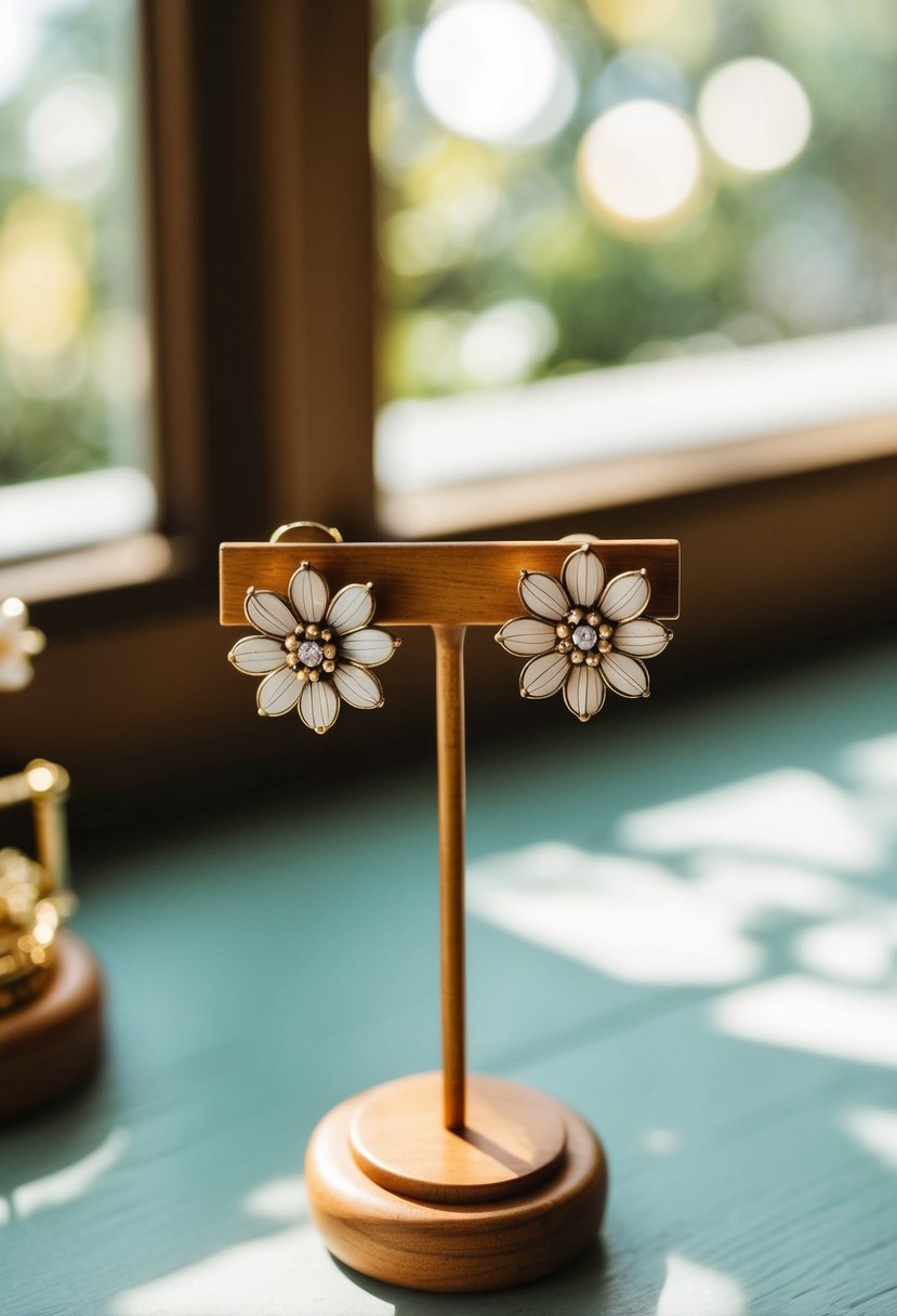 A pair of vintage-inspired floral stud earrings displayed on a wooden jewelry stand, with soft natural light shining on them