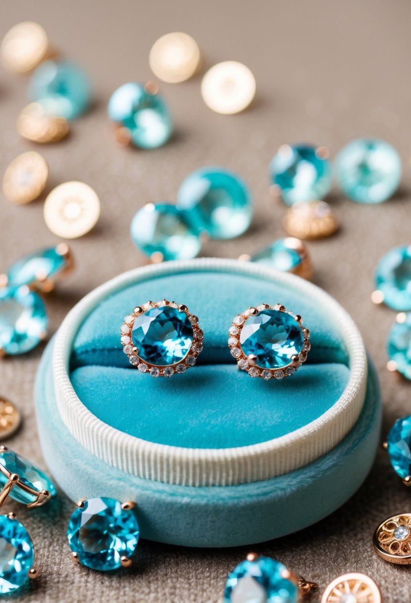 Two rose gold aquamarine studs displayed on a velvet cushion, surrounded by aquamarine wedding earrings designs