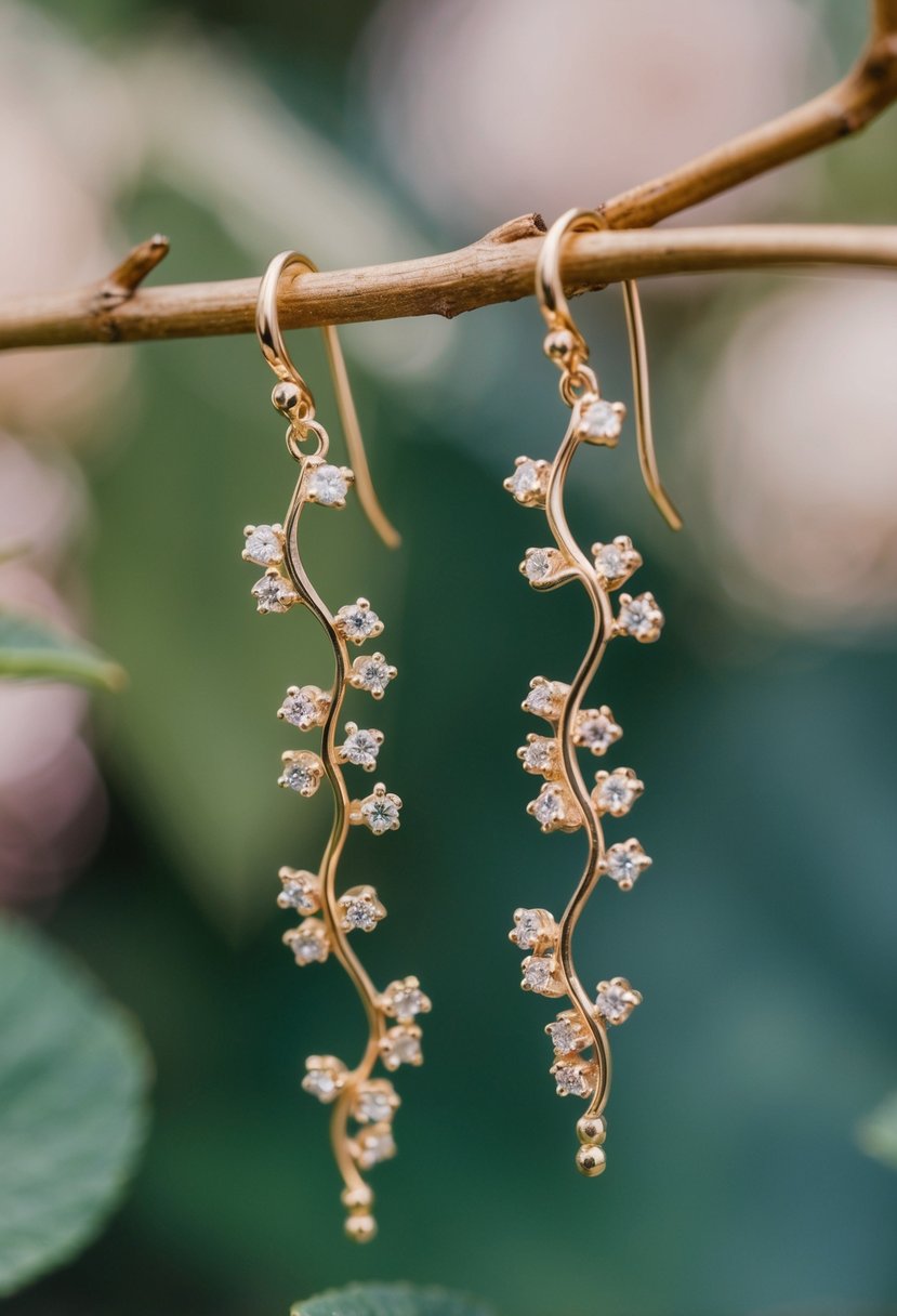 A pair of delicate, gold vine earrings adorned with intricate floral details, evoking a sense of romance and elegance