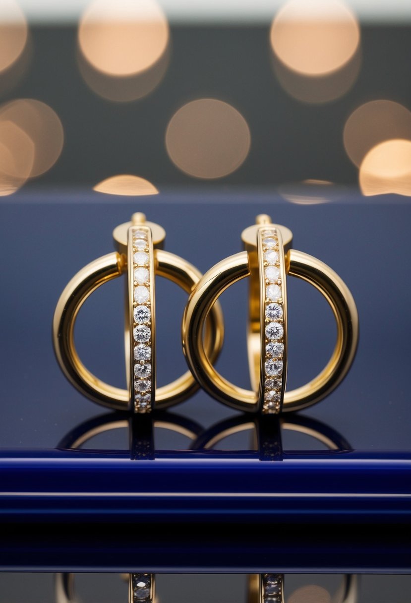 Two geometric gold hoops with diamond accents, resting on a reflective surface