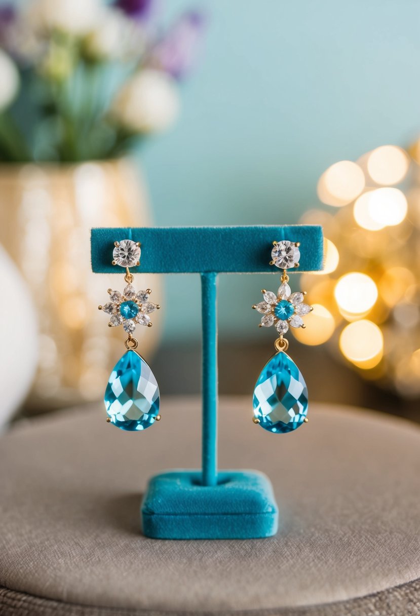 Aquamarine crystal and rhinestone earrings displayed on a velvet cushion with soft lighting