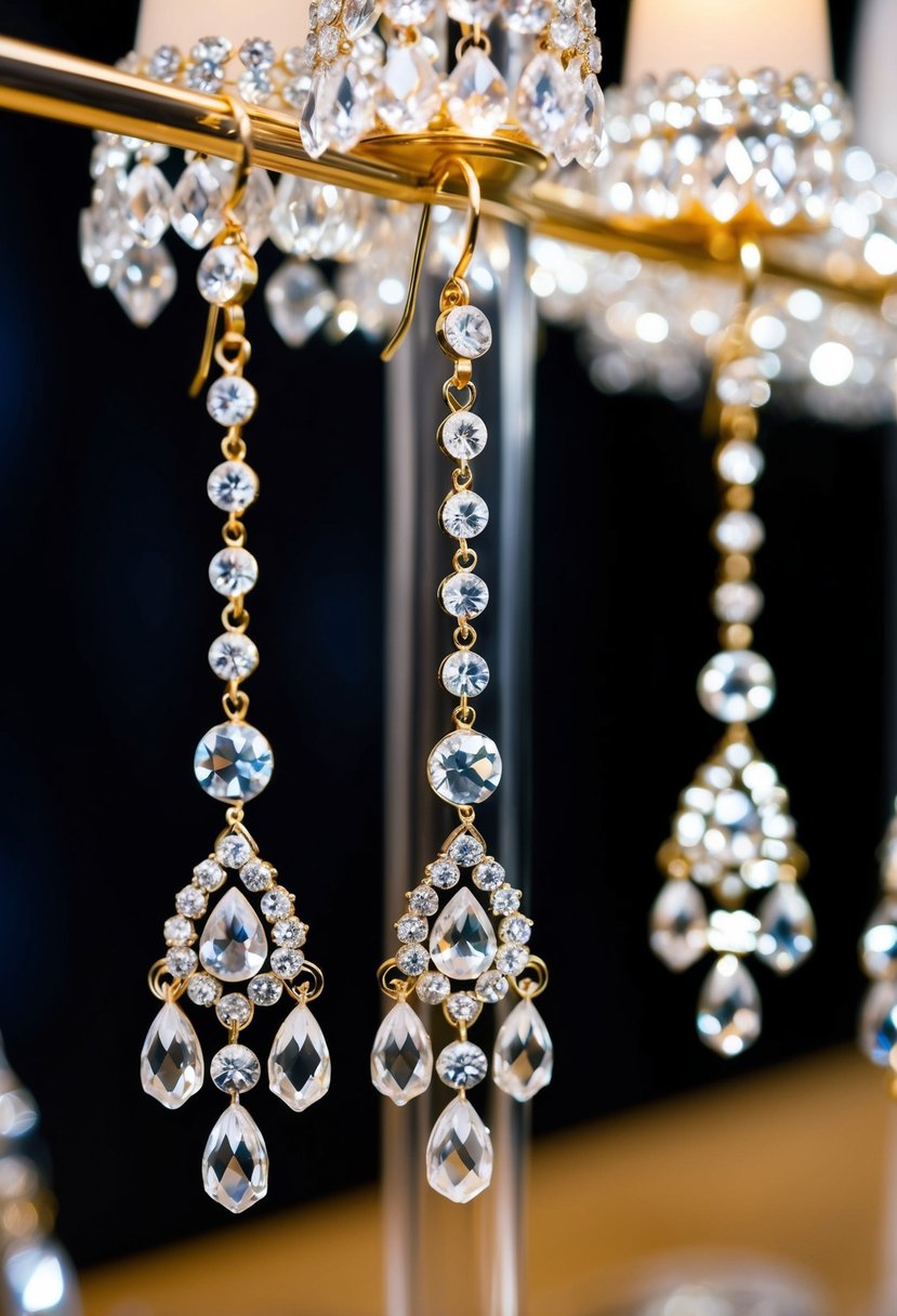 Sparkling chandelier earrings dangle from a display, catching the light. Crystal accents shimmer, suggesting elegance and sophistication